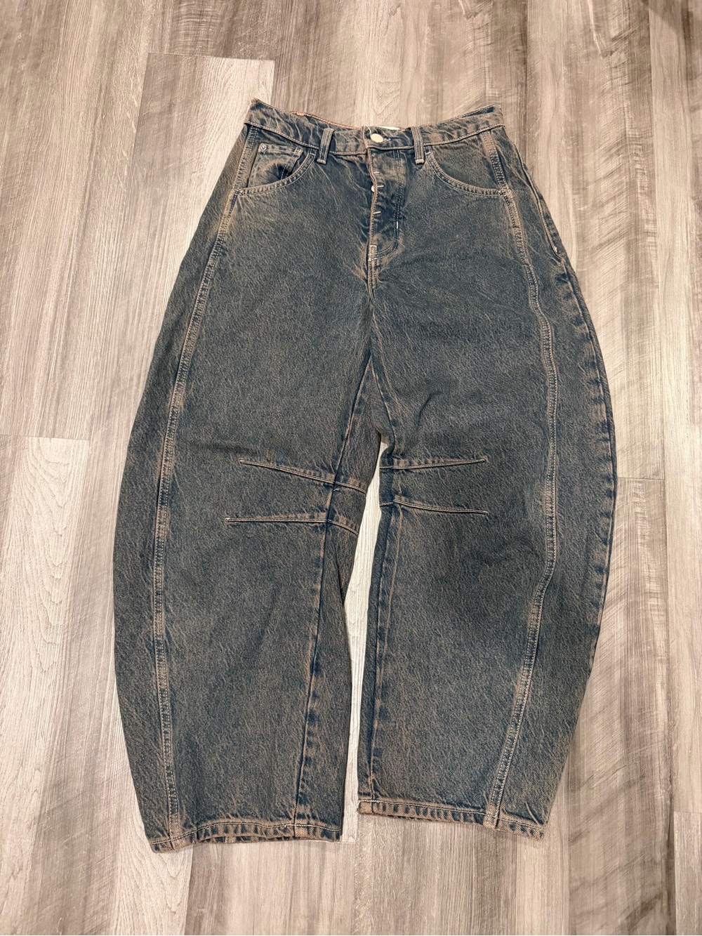 We The Free Free People Good Luck Barrel Leg Jeans Black Acid Wash Size 25